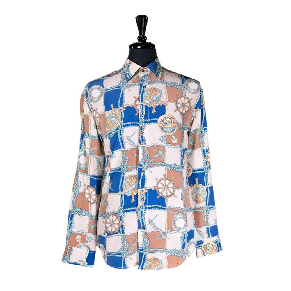 Mens Shirt Button Up Blue Beige Nautical Silk Luxury Designer Dress Casual Large